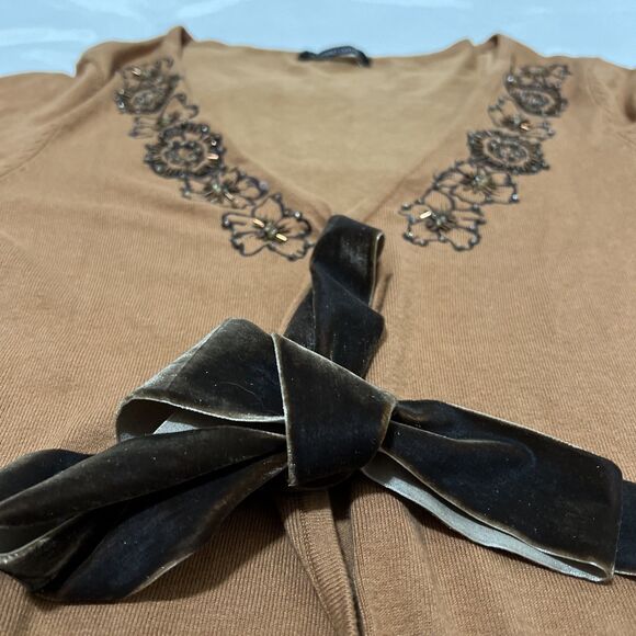 Luciano Dante Shrug Crop Cardigan Beaded Embroidered Velvet Velour Belt Brown M - Picture 2 of 8